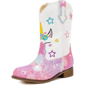 🆕Unicorn Girls White Rainbow Square Toe Glitter Toddler Western Riding Shoes